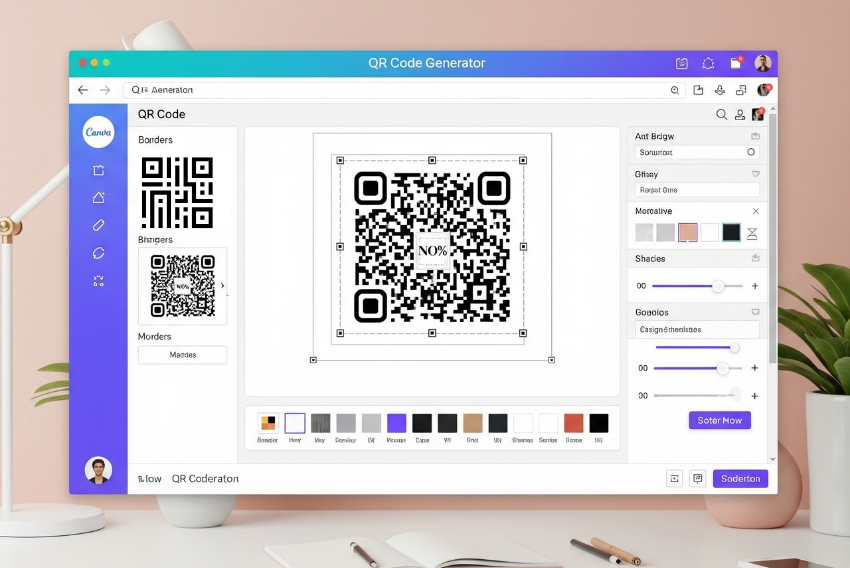 Canva QR Code Generator Canva QR Code Generator: Design Stylish and Functional QR Codes Easily A screenshot of the Canva QR Code Generator interface displaying a customizable QR code, with design options visible on the left and right panels, on a desk with a lamp and plant.