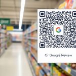 A Google Review Link Generator QR Code displayed within a supermarket aisle, ready for customers to scan.