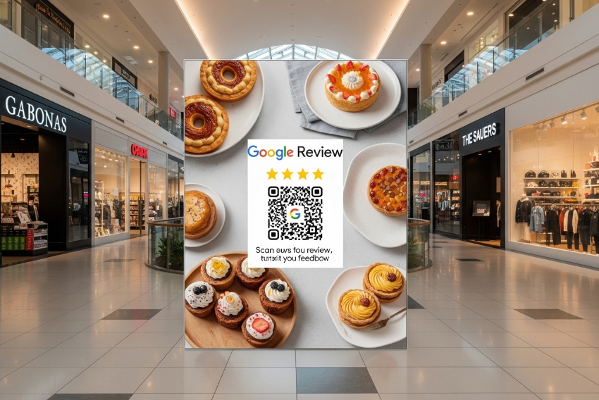 google review qr code poster near checkout counter