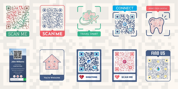 A collage of QR codes customized using a qr code generator free with different shapes, colors, and logos.