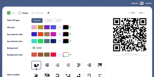 Dashboard of a free QR code generator showing customization tools for colors, shapes, and logos