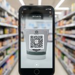 A smartphone displaying a Review QR Scan interface, pointed at a product with a QR code on a store shelf, without hands visible.