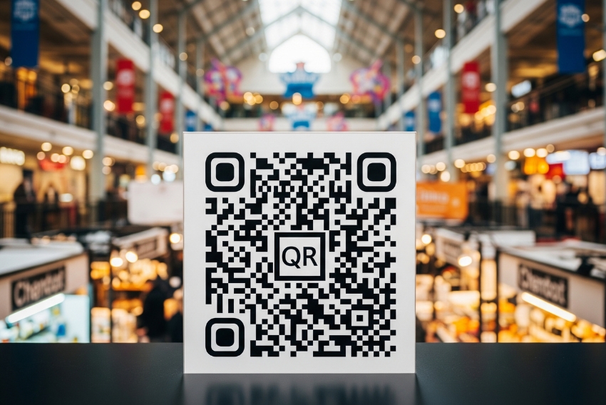 QR code linking to a Google Reviews page for a business in a mall or market setting.
