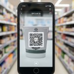 A smartphone displaying a Review QR Scan interface, pointed at a product with a QR code on a store shelf, without hands visible.